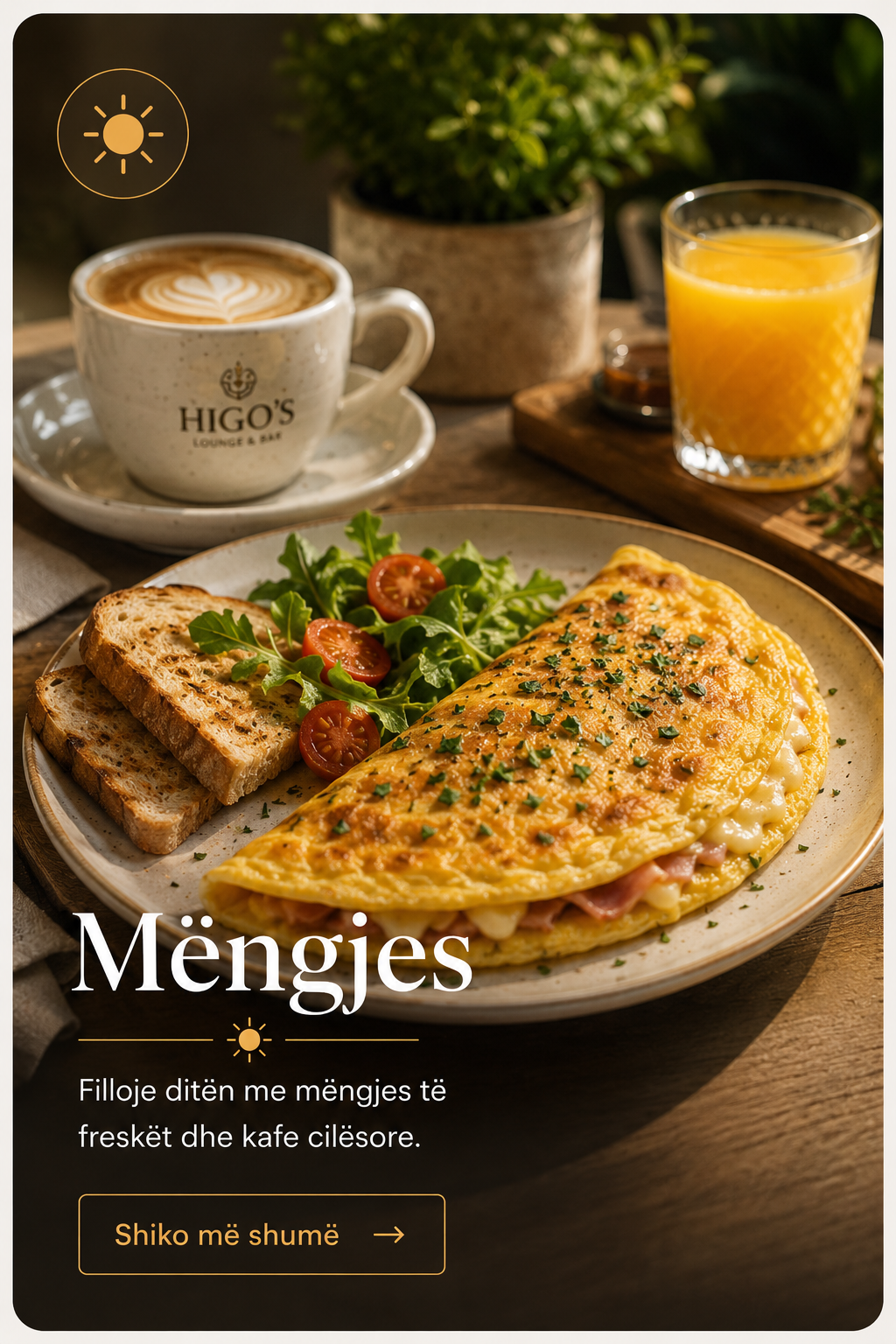 Mëngjes me omëletë, bukë të thekur, kafe dhe lëng portokalli